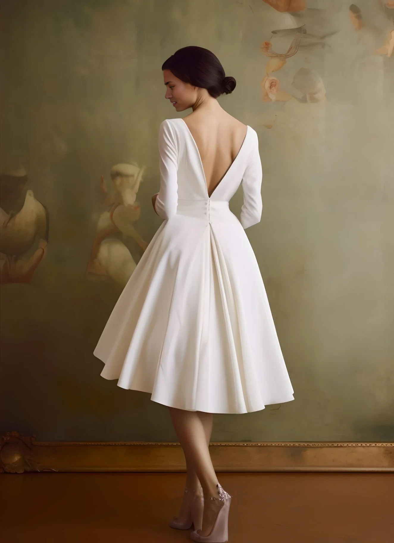 Wholesa A-Line V-neck Vintage Sleeved Satin Tea Length Wedding Dress